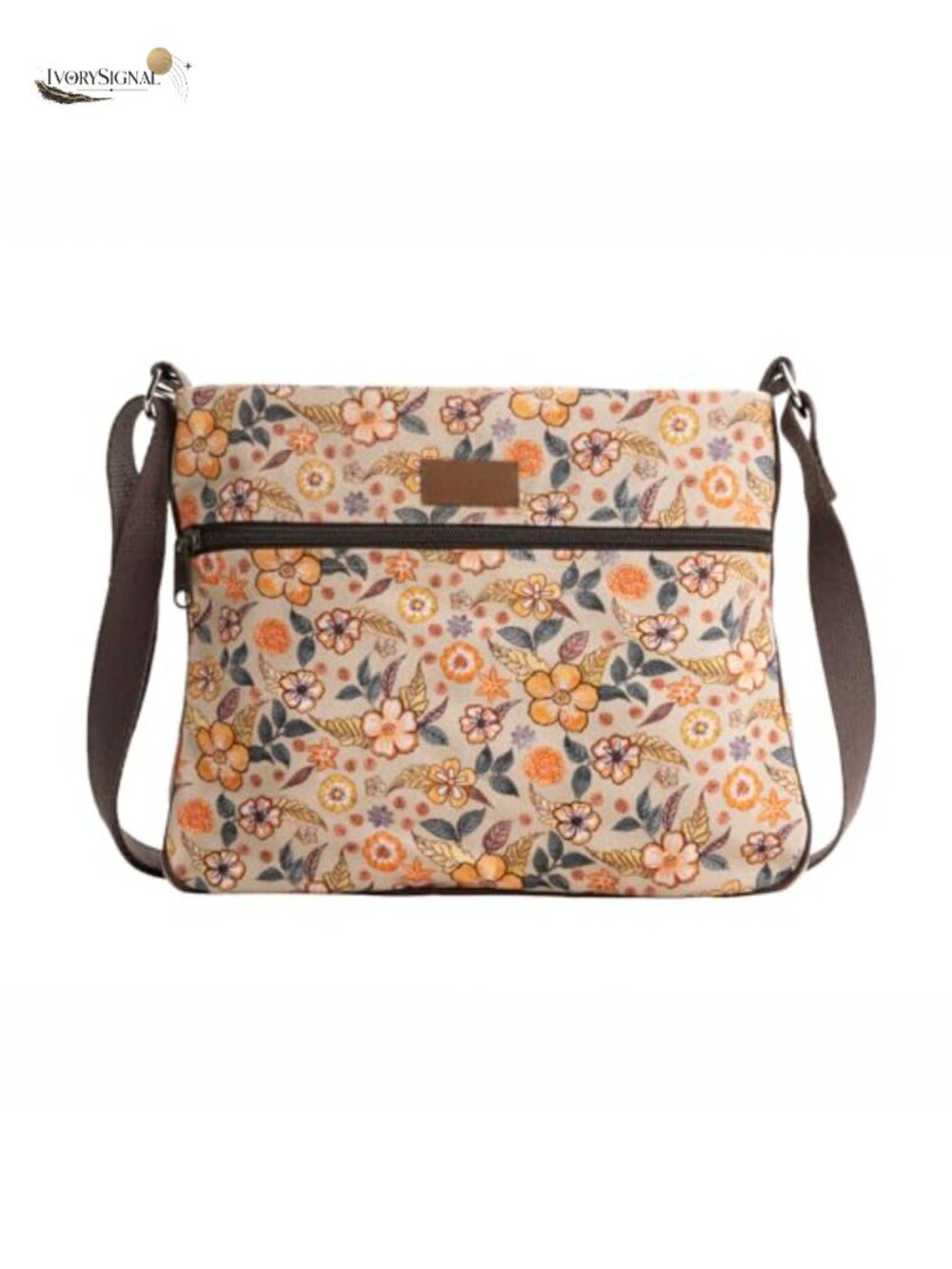 Cotton Canvas Crossbody Bag with Watercolor Print, Zip Pockets, Adjustable Strap